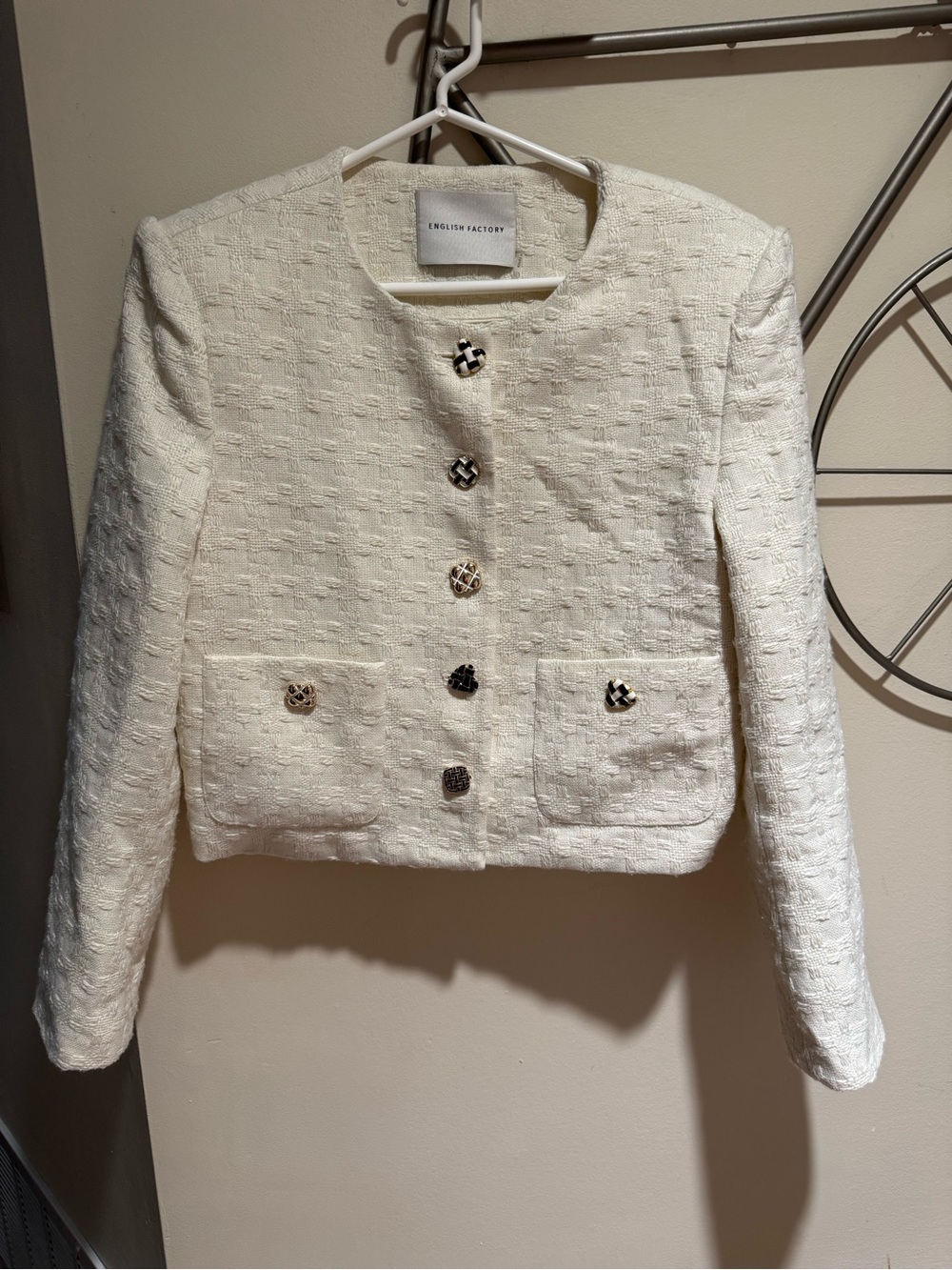 English Factory Cream Tweed Cropped Jacket Size M Statement Buttons Pocket